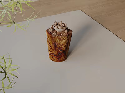 Natural Wooden Cylindrical Side Table With Decorative Top On Light Mat And Bamboo Leaves 3d model