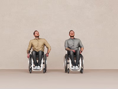 Two Men In Wheelchairs With Brown And Gray Shirts Against Beige Wall 3d model