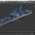 Gray Naval Warship With Deck Radar Antennas And Red Bottom 3d model