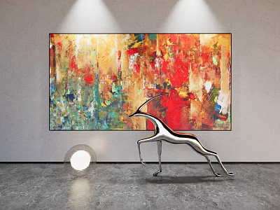 Colorful Abstract Painting With Silver Antelope Sculpture And Round Light In Modern Space 3d model