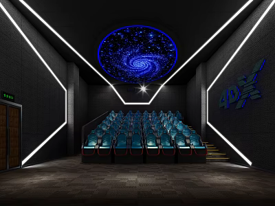 Modern Cinema Interior With Starry Spiral Ceiling Blue Seats Arranged In Rows And Neon Lights 3d model