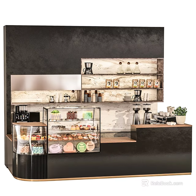 Modern Coffee Shop Display Shelves With Glass Cases Holding Desserts And Coffee Beans 3d model 