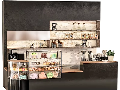 Modern Coffee Shop Display Shelves With Glass Cases Holding Desserts And Coffee Beans 3d model