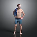 Shirtless Man With Blue Towel Over Shoulder And Blue Shorts Standing Barefoot On Gray Background