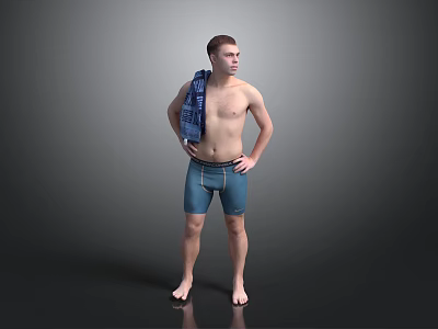 Shirtless Man With Blue Towel Over Shoulder And Blue Shorts Standing Barefoot On Gray Background 3d model