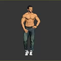 Game Movie Character Shirtless Muscular Male In Blue Jeans And White Sneakers With Confident Stance