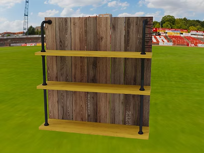 Rustic Wooden Storage Shelf with Black Metal Frames in Outdoor Green Lawn Setting 3d model