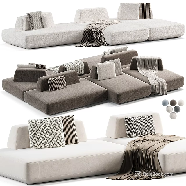 Modern Sectional Sofa In Gray Beige White With Throw Pillows And Soft Blankets 3d model