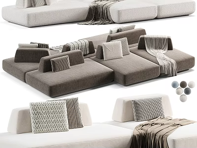 Modern Sectional Sofa In Gray Beige White With Throw Pillows And Soft Blankets 3d model