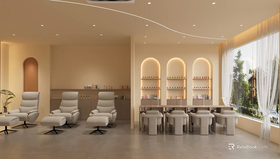 Comfortable Nail Salon Interior Design With Manicure Chairs Tables And Shelves 3d model 