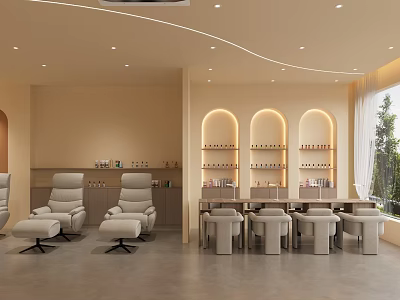 Comfortable Nail Salon Interior Design With Manicure Chairs Tables And Shelves 3d model