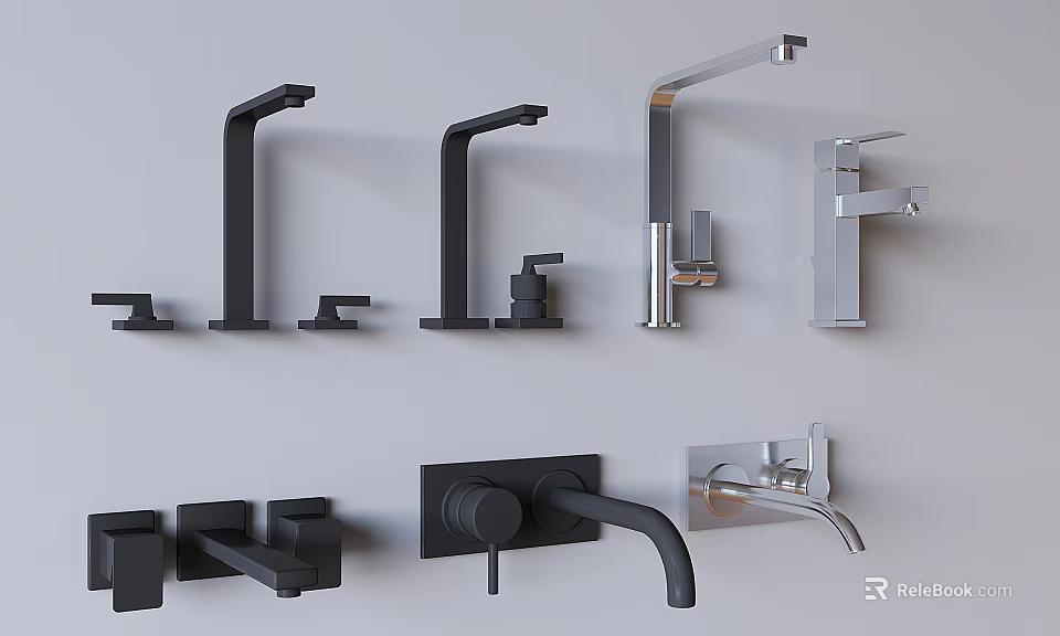 Various Modern Faucet Styles in Black and Silver Wall Mounted and Countertop Designs 3d model 
