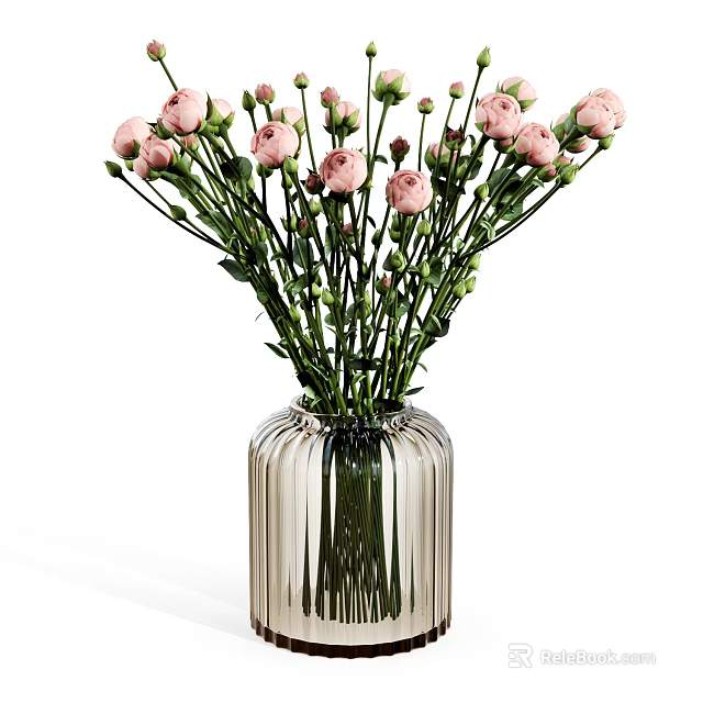 Elegant Pink Flowers Arrangement In Transparent Glass Vase With Vertical Stripes 3d model 