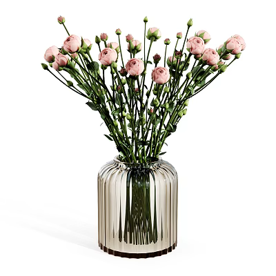 Elegant Pink Flowers Arrangement In Transparent Glass Vase With Vertical Stripes 3d model