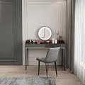 Elegant Black Dressing Table With Round Mirror Cosmetics Gray Chair And City View Window
