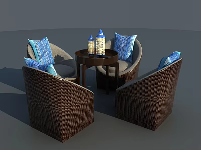 Brown Wicker Leisure Sofa Set with Blue Cushions Small Round Table and Decorative Lanterns 3d model