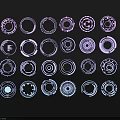 Geometric Mechanical Style Sculpture Carvings With Purple And Blue Circular Designs On Black Background