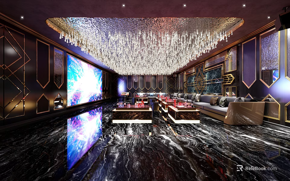 Luxurious KTV Interior With Crystal Chandelier Large Screen Sofas And Marble Floor 3d model
