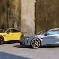 Yellow And Black Sports Cars Parked Against Old Stone Walls Background
