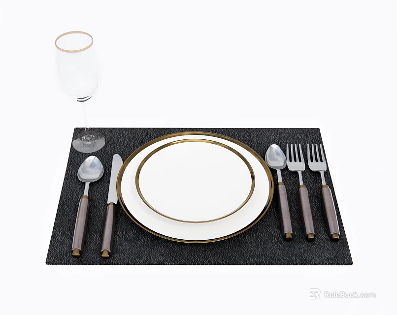 Elegant Dinnerware Set with White Gold Rim Plate Black Placemat Wooden Utensils and Wine Glass 3d model 