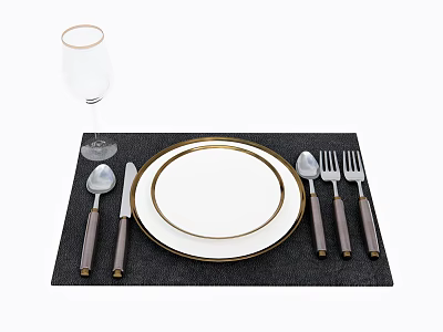 Elegant Dinnerware Set with White Gold Rim Plate Black Placemat Wooden Utensils and Wine Glass 3d model