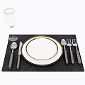 Elegant Dinnerware Set with White Gold Rim Plate Black Placemat Wooden Utensils and Wine Glass