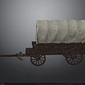 Old Fashioned Covered Wagon with Wooden Wheels and Canvas Cover on Dark Reflective Surface