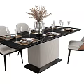 Modern Dining Table Set With Black Tabletop Gray Base Dining Chairs Dinnerware And Vase 3d model
