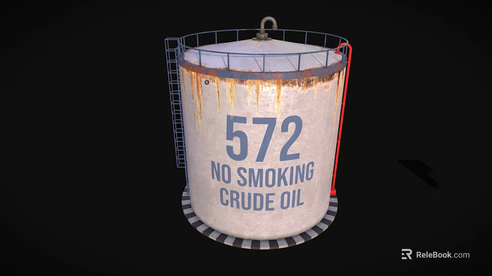 Rusty Crude Oil Storage Tank With Number 572 No Smoking Sign Ladder And Railing 3d model 