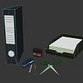 Essential Office Desk Accessories Blue Folder Black Paperclip Holder Tissue Box Scissors Pencils And Pens