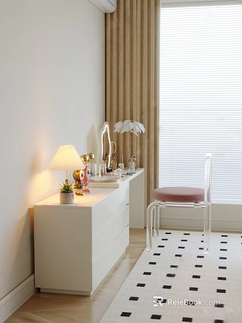 White Dressing Table with Table Lamp Decorative Items and Transparent Chair with Pink Cushion 3d model 