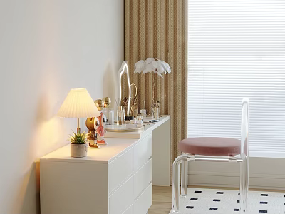 White Dressing Table with Table Lamp Decorative Items and Transparent Chair with Pink Cushion 3d model