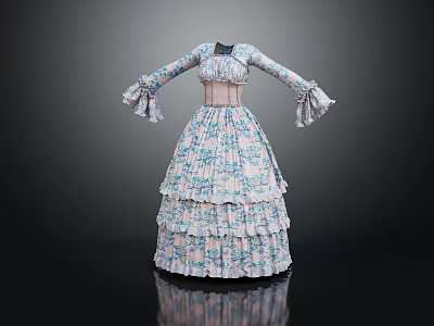 Elegant Vintage Floral Dress with Ruffled Bell Sleeves Fitted Corset Bodice and Layered Ruffled Skirt 3d model