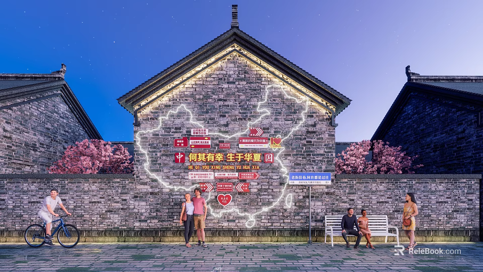 Chinese Map Light Decorated Brick Wall Photo Spot With Red Markers Pink Trees And People 3d model 