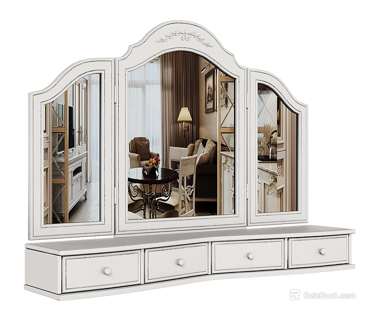 Ornate White Dressing Table with Classic Carved Triple Mirrors and Four Drawers 3d model 