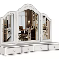 Ornate White Dressing Table with Classic Carved Triple Mirrors and Four Drawers