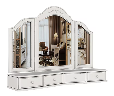 Ornate White Dressing Table with Classic Carved Triple Mirrors and Four Drawers 3d model