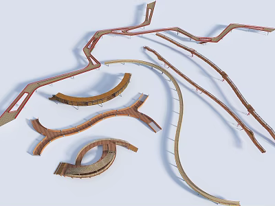 Modern Curved Landscape Bridge Design With Wooden Structure And Winding Paths 3d model