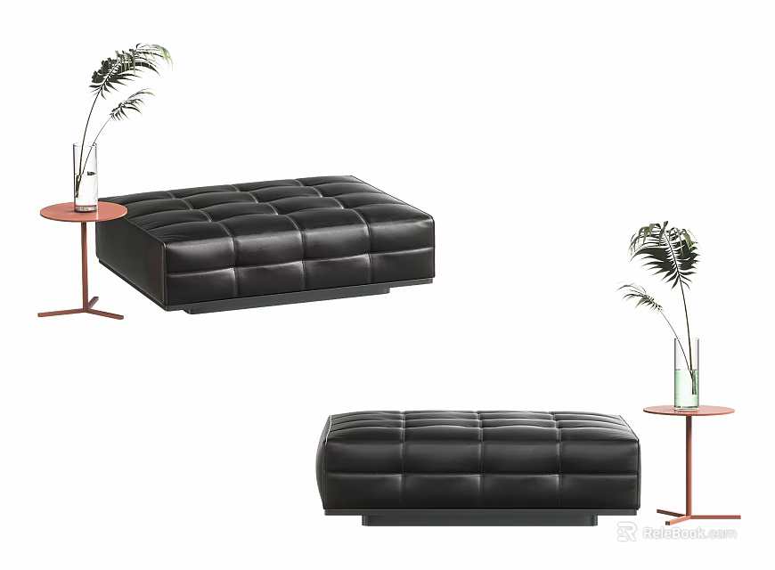 Modern Black Leather Ottoman With Small Side Table And Green Plants 3d model