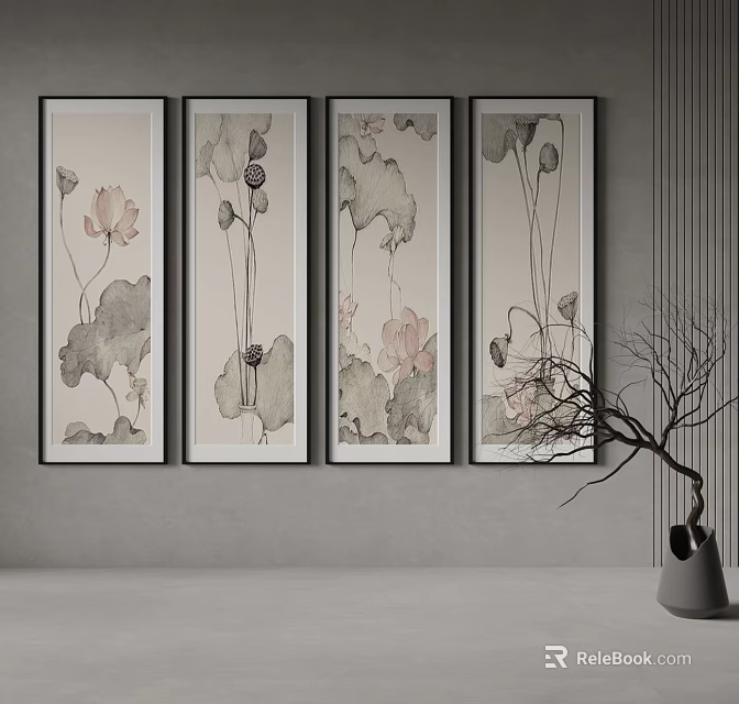 Four Panel Lotus Paintings On Gray Wall With Branch Decor 3d model