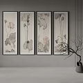 Four Panel Lotus Paintings On Gray Wall With Branch Decor 3d model