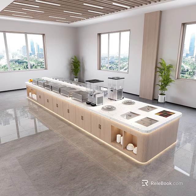 Modern Buffet Counter With Multiple Food Stations Coffee Machine Plants Windows And City View 3d model 