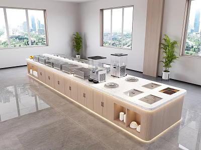 Modern Buffet Counter With Multiple Food Stations Coffee Machine Plants Windows And City View 3d model