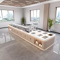 Modern Buffet Counter With Multiple Food Stations Coffee Machine Plants Windows And City View
