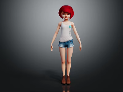 Game And Movie Character With Red Hair White Tank Top Denim Shorts Brown Boots 3d model