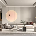 Modern Living Room Interior With Beige Sofa Brown Pillows Round Wall Decor And Floor Lamp