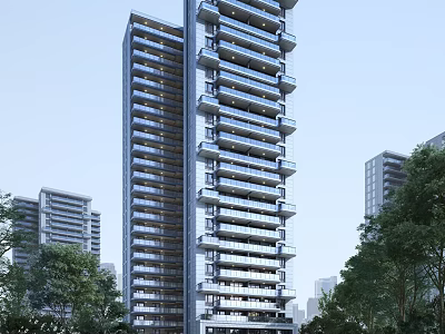High Rise Modern Residential Building with Balconies Surrounded by Trees and Greenery 3d model