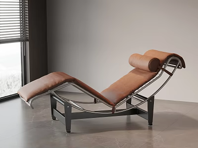 Brown Leather Chaise Lounge With Metal Frame In Modern Indoor Setting Near Window 3d model