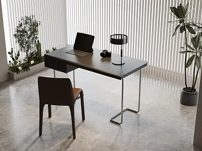 Modern Home Office Desk With Laptop Table Lamp Chair And Green Plants 3d model