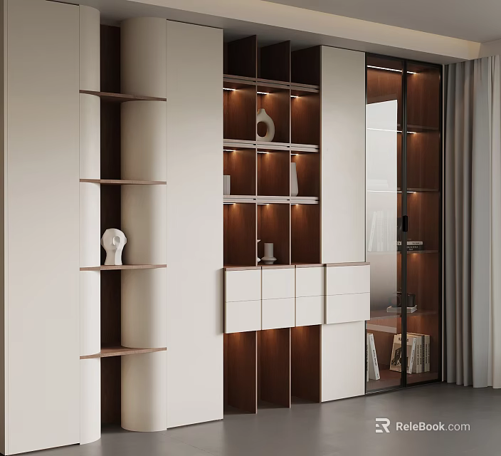 Modern Wooden White Bookcase With Glass Doors Built in Lighting and Decorative Items 3d model 